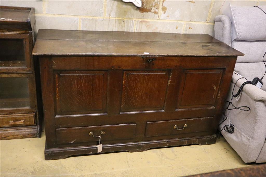 An 18th century oak mule chest, width 146cm depth 55cm height 80cm